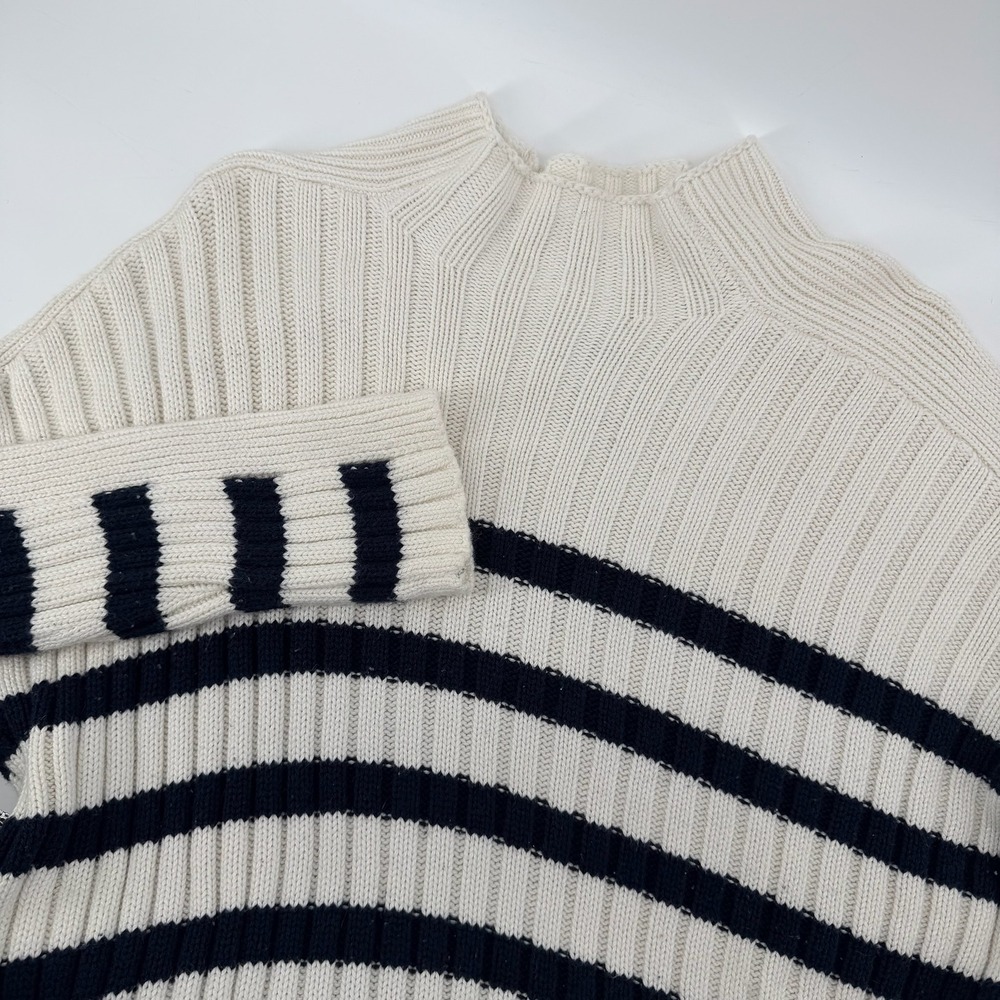 Abercrombie Fitch Striped Mock Neck Ribbed Knit Sweater Cream Navy Women's L - Picture 1 of 9